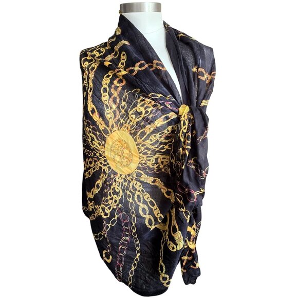 Black & Gold Chain Print Lightweight Polyester Scarf Shawl Wrap Texido JJ3943 - Picture 9 of 11